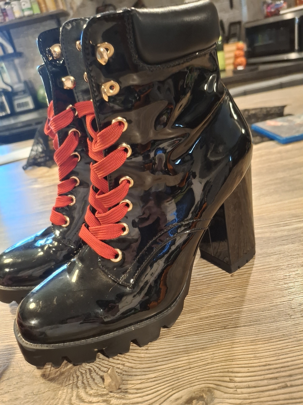Patent Leather Lace-Up Platform Ankle Boots - Black with Red Laces